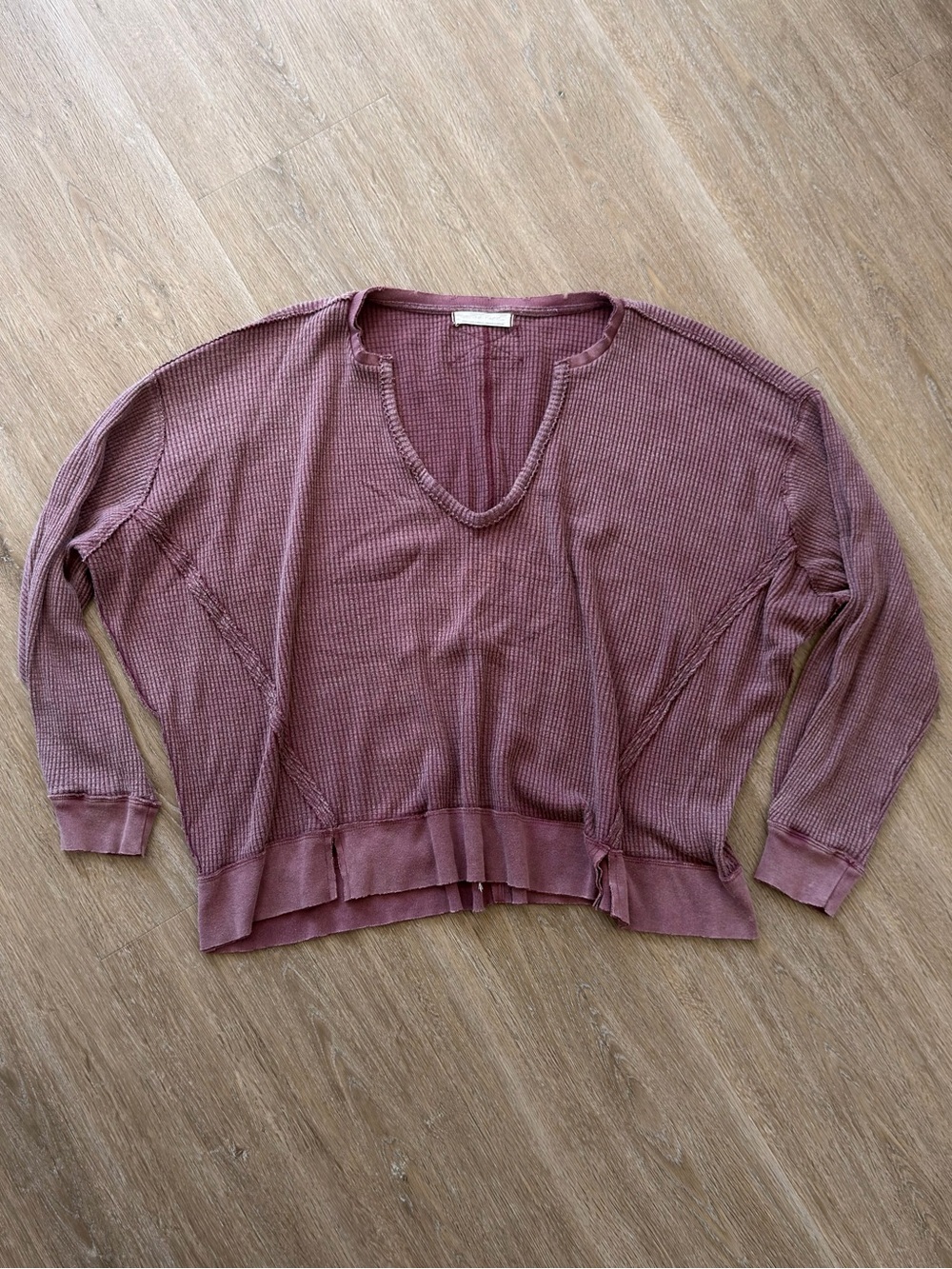 Free People Mauve Waffle-Knit Long Sleeve V-Neck Top